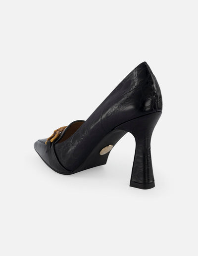 Zapatilla de piel con grabado tipo coco para mujer color negro con tacón de copa