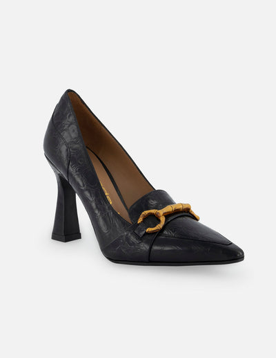 Zapatilla de piel con grabado tipo coco para mujer color negro con tacón de copa