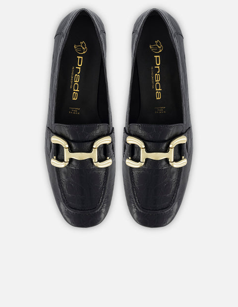 Mocasín de piel para mujer con grabado tipo coco color negro