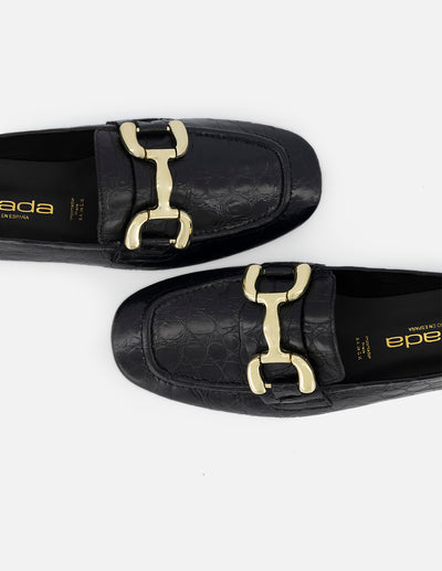 Mocasín de piel para mujer con grabado tipo coco color negro