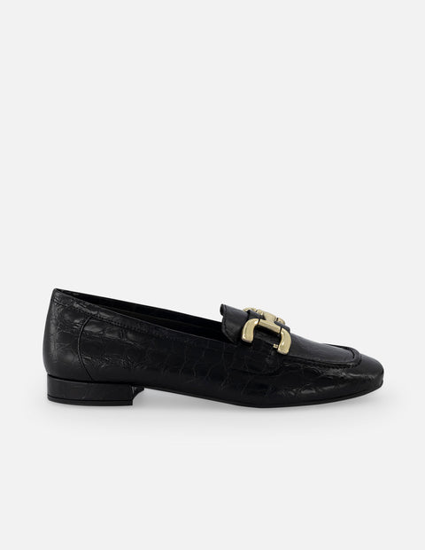 Mocasín de piel para mujer con grabado tipo coco color negro