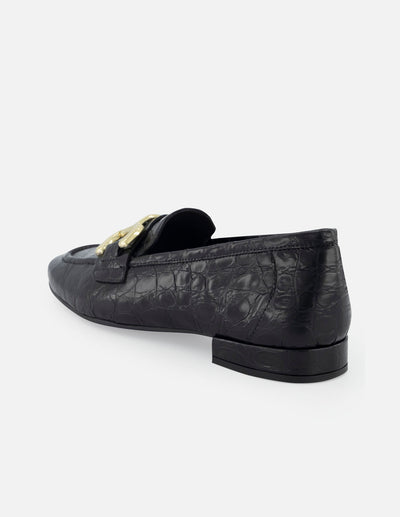 Mocasín de piel para mujer con grabado tipo coco color negro