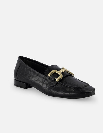 Mocasín de piel para mujer con grabado tipo coco color negro