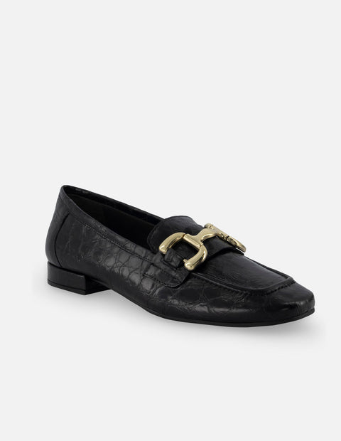 Mocasín de piel para mujer con grabado tipo coco color negro
