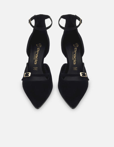Zapatilla tipo mercedes de piel ante color negro para mujer con pulsera al tobillo