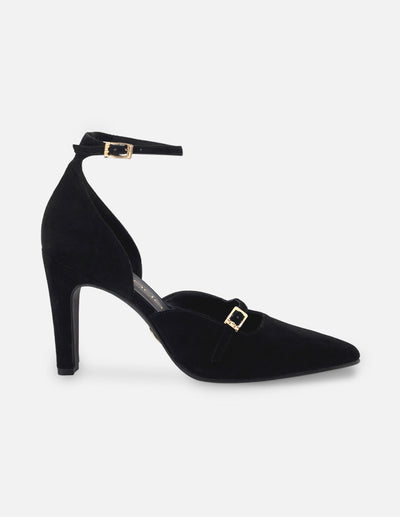 Zapatilla tipo mercedes de piel ante color negro para mujer con pulsera al tobillo