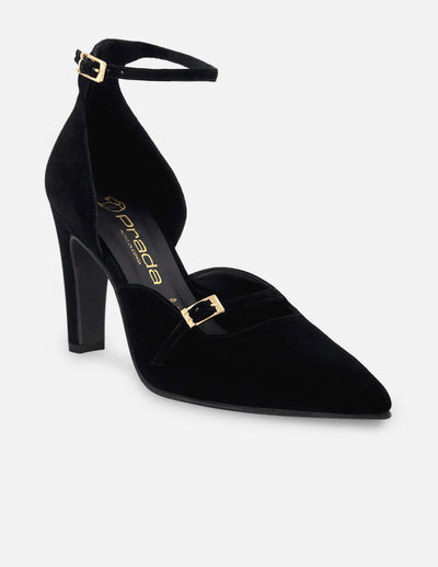 Zapatilla tipo mercedes de piel ante color negro para mujer con pulsera al tobillo