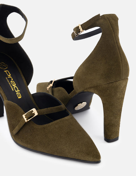 Zapatilla tipo mercedes de piel ante color verde para mujer con pulsera al tobillo