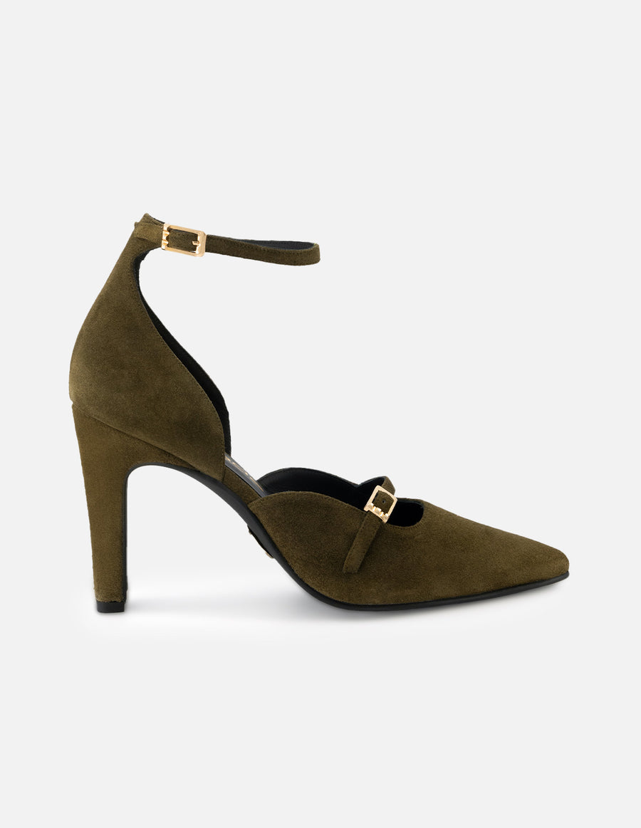Zapatilla tipo mercedes de piel ante color verde para mujer con pulsera al tobillo