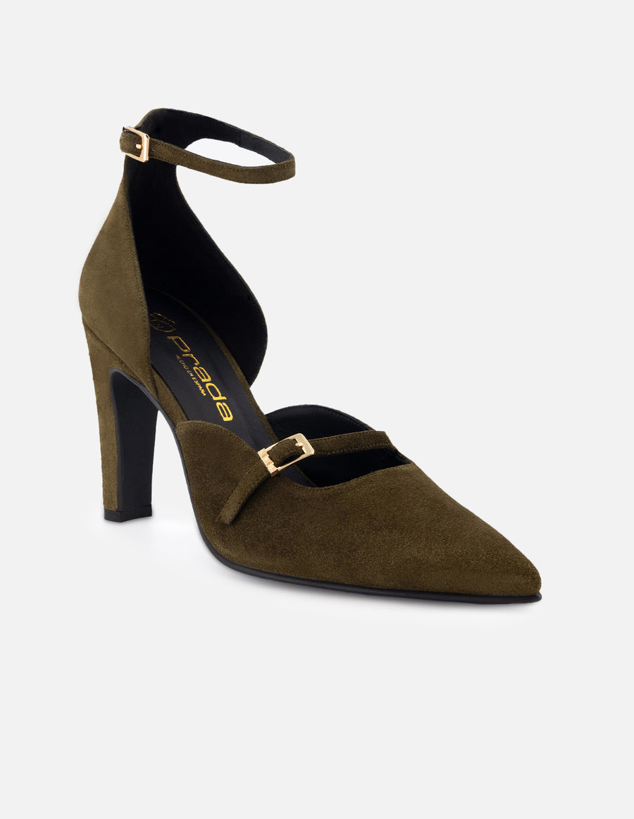 Zapatilla tipo mercedes de piel ante color verde para mujer con pulsera al tobillo