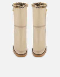 Botín de piel para mujer color hueso con detalle de pelo