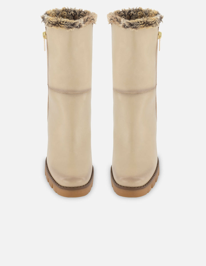 Botín de piel para mujer color hueso con detalle de pelo