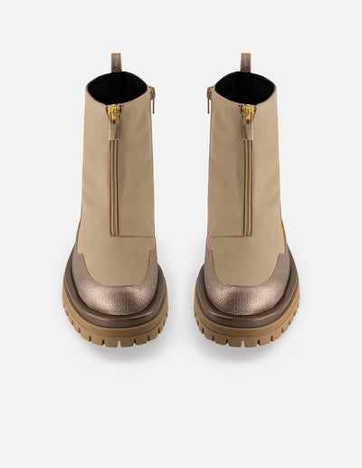 Botines color beige piel para mujer con piel metalizada color dorada