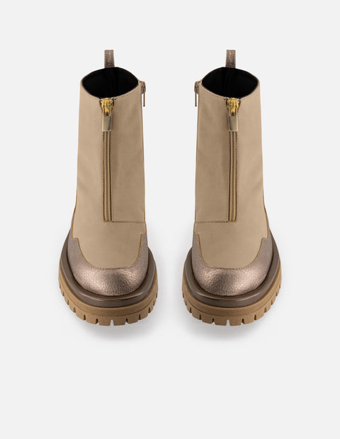 Botines color beige piel para mujer con piel metalizada color dorada