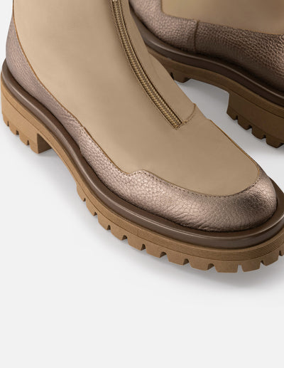 Botines color beige piel para mujer con piel metalizada color dorada