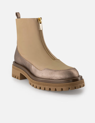 Botines color beige piel para mujer con piel metalizada color dorada