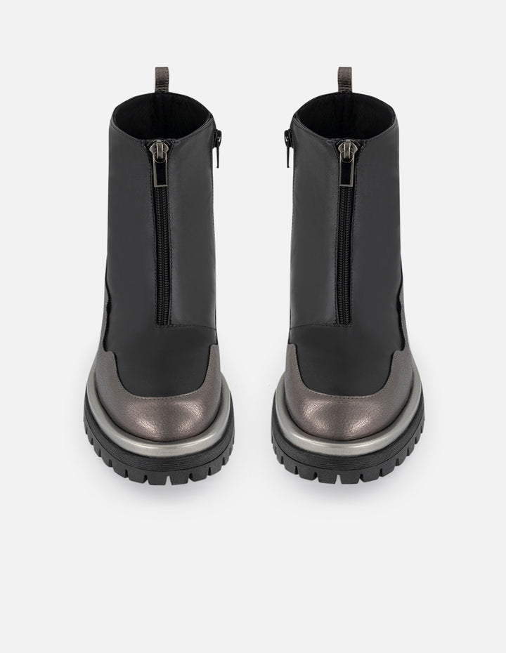 Botines color negro de piel para mujer con piel metalizada plateada