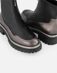 Botines color negro de piel para mujer con piel metalizada plateada