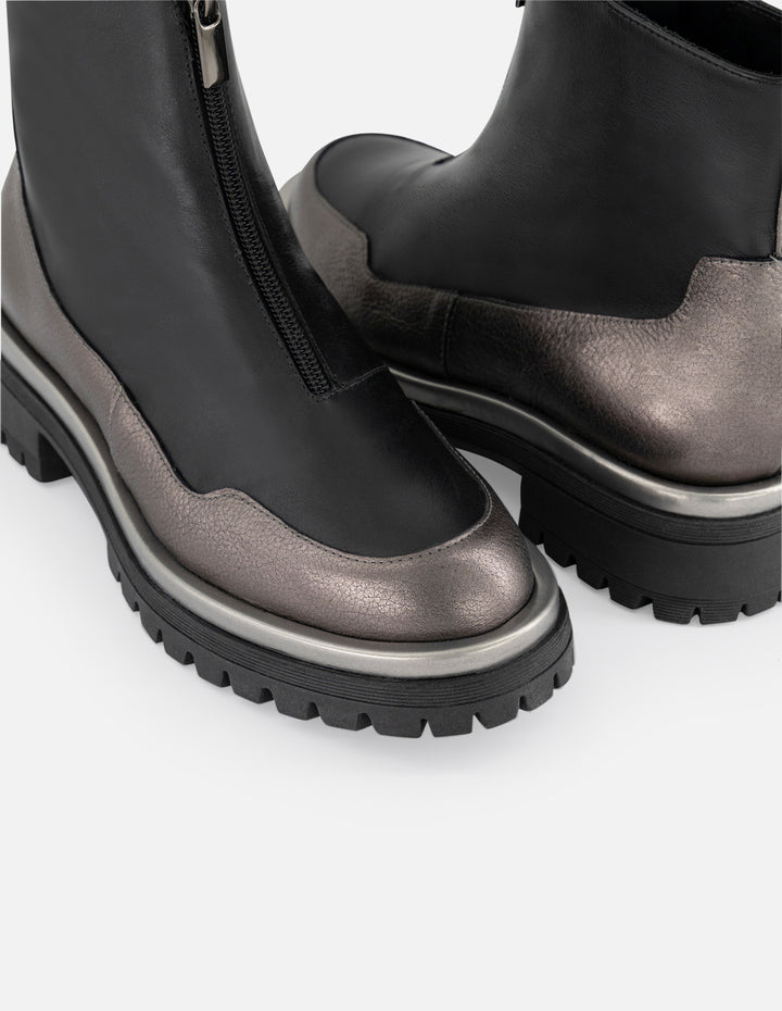 Botines color negro de piel para mujer con piel metalizada plateada