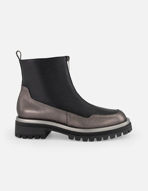 Botines color negro de piel para mujer con piel metalizada plateada