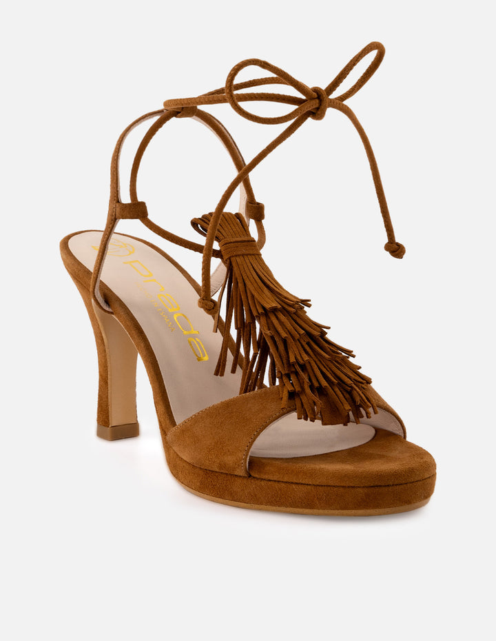 Sandalias de ante para mujer color cuero con detalles de flecos