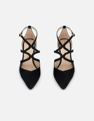 Zapatilla color negro ante para mujer con pulsera cruzada