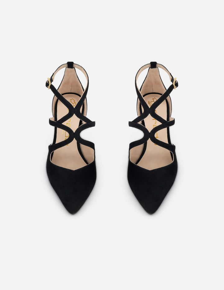 Zapatilla color negro ante para mujer con pulsera cruzada