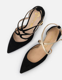 Zapatilla color negro ante para mujer con pulsera cruzada