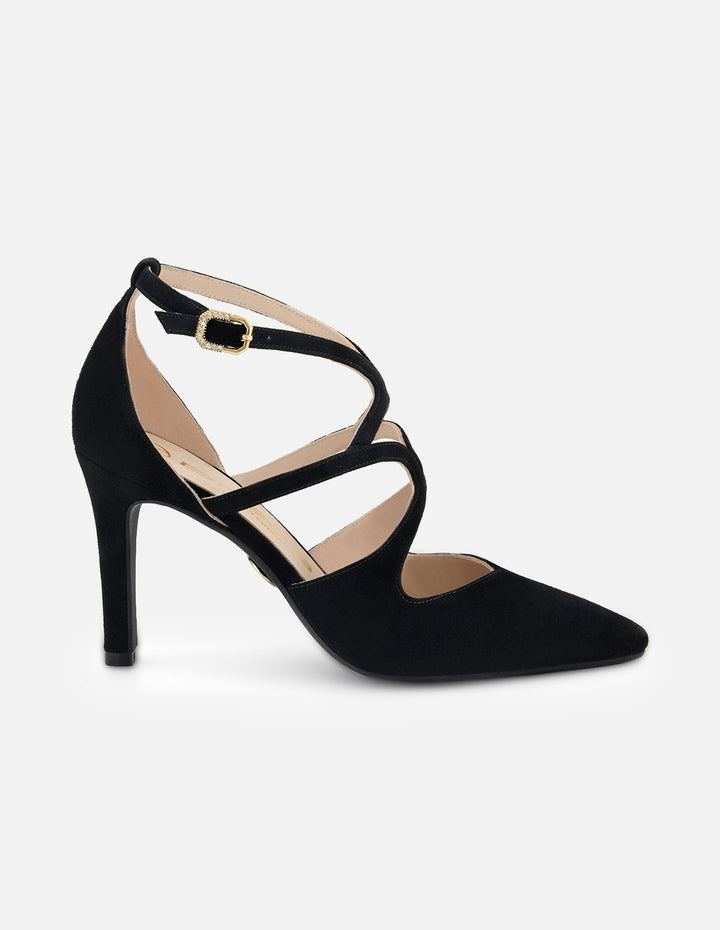 Zapatilla color negro ante para mujer con pulsera cruzada