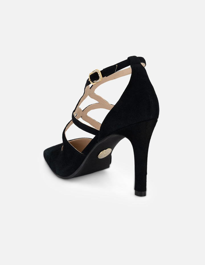 Zapatilla color negro ante para mujer con pulsera cruzada