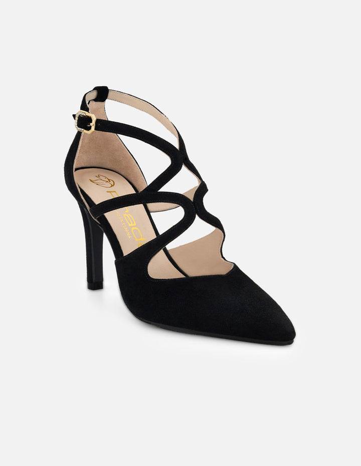 Zapatilla color negro ante para mujer con pulsera cruzada
