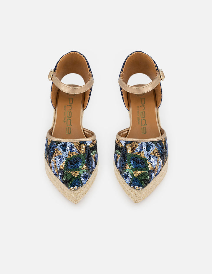 Alpargata azul en lentejuelas para mujer con pulsera dorada