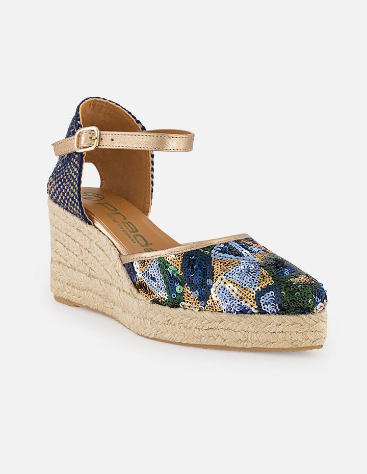 Alpargata azul en lentejuelas para mujer con pulsera dorada