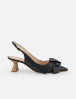 Zapatilla negra en piel para mujer con moño y hebilla dorada