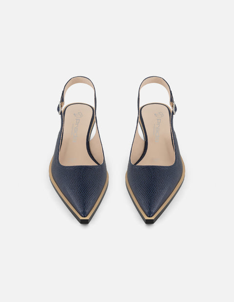 Zapatilla azul en piel tipo tejus para mujer con tacón bajo