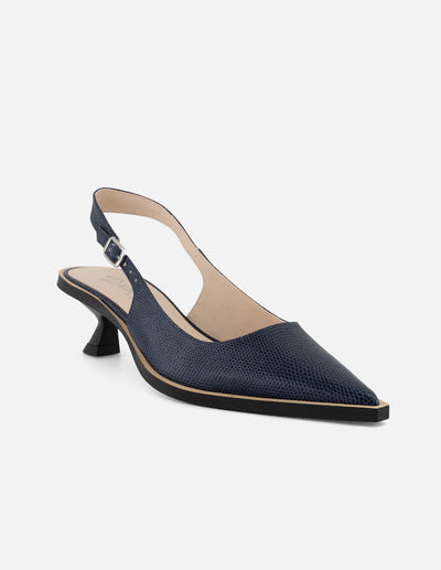 Zapatilla azul en piel tipo tejus para mujer con tacón bajo