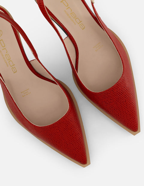 Zapatilla roja en piel tipo serpiente para mujer con tacón bajo