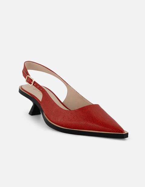 Zapatilla roja en piel tipo serpiente para mujer con tacón bajo