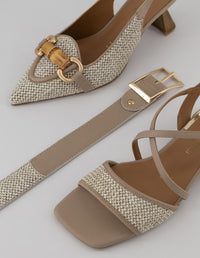 Sandalias beige piel vegana para mujer con yute y hebilla dorada