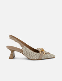 Zapatilla beige en rafia para mujer con detalle dorado