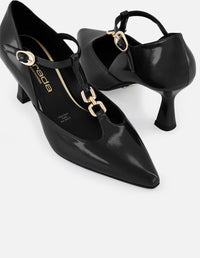 Zapatilla negro piel vegano para mujer con tira en T