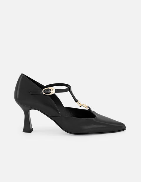 Zapatilla negro piel vegano para mujer con tira en T