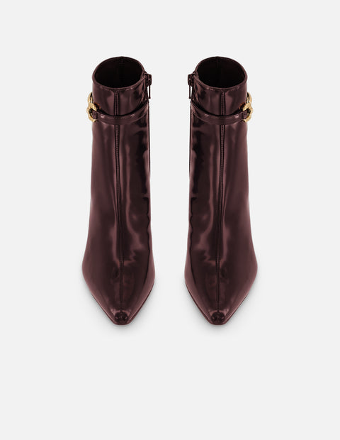 Botines vino piel vegana para mujer con cinta al tono