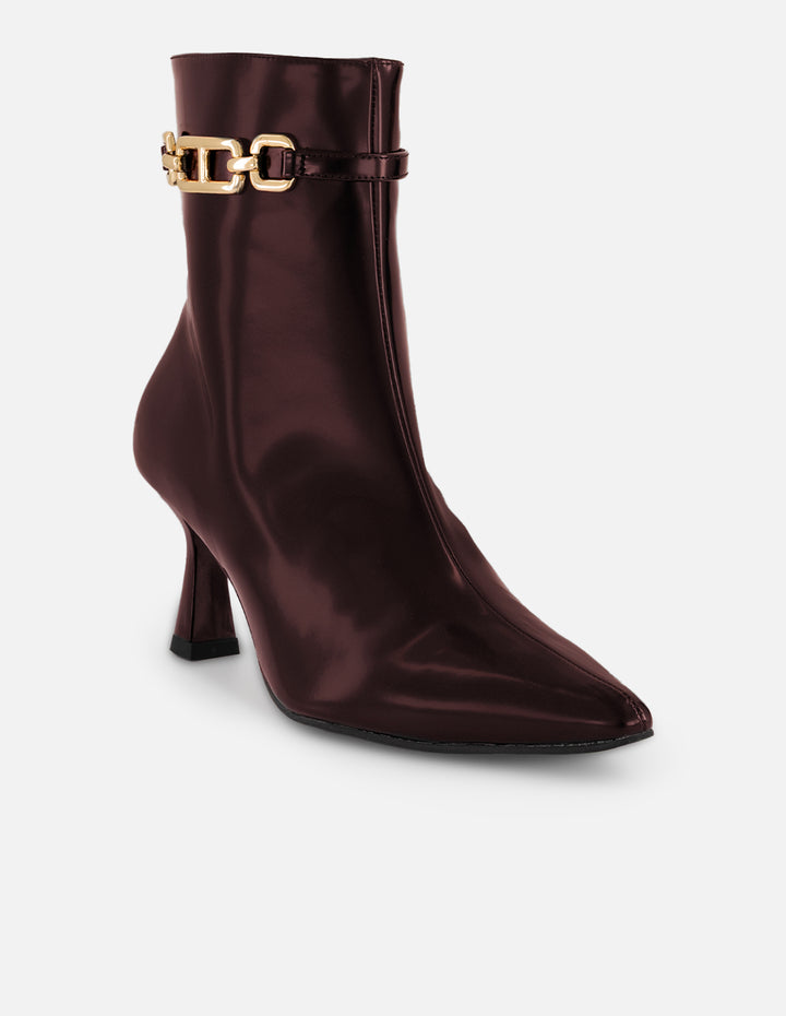 Botines vino piel vegana para mujer con cinta al tono