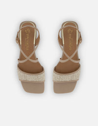 Sandalias beige piel vegana para mujer con yute y hebilla dorada