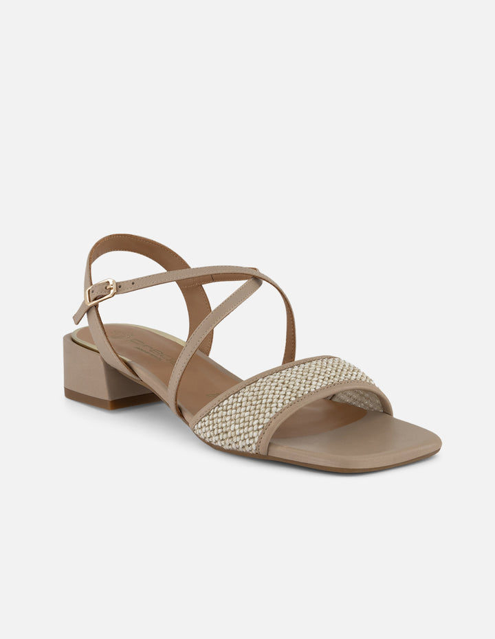 Sandalias beige piel vegana para mujer con yute y hebilla dorada