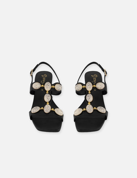 Sandalias negro piel para mujer con apliques tipo perla
