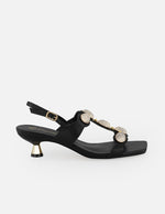 Sandalias negro piel para mujer con apliques tipo perla