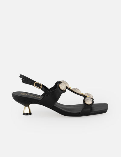 Sandalias negro piel para mujer con apliques tipo perla