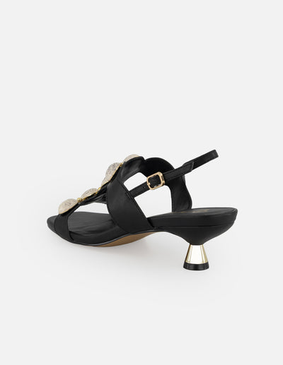 Sandalias negro piel para mujer con apliques tipo perla